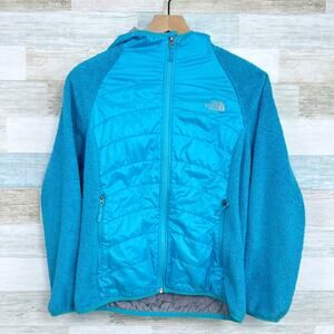 The North Face Fleece Puffer Jacket Blue Full Zip Hooded Zip Pockets Girls XL 18